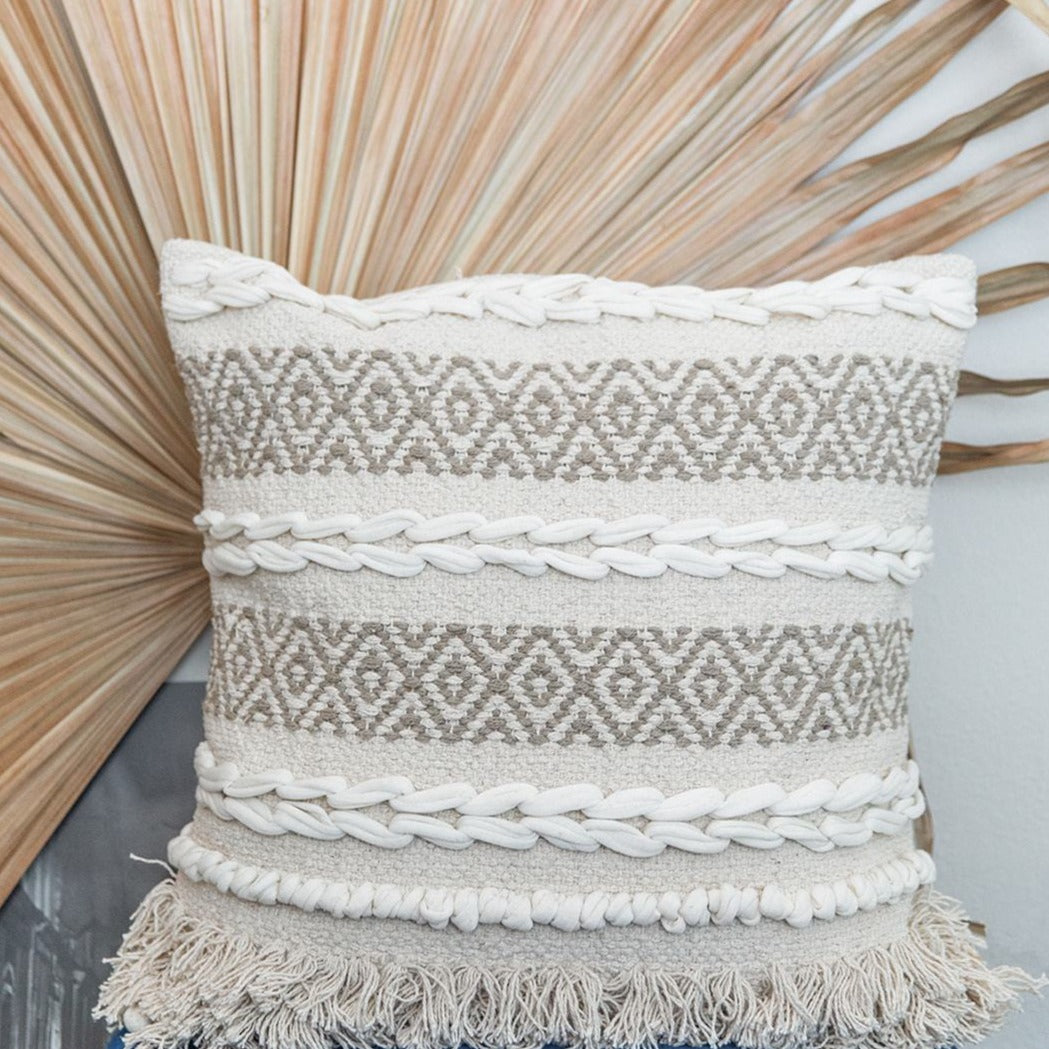 Leheriya Bohemian Throw Pillow - White and Beige Throw Pillow