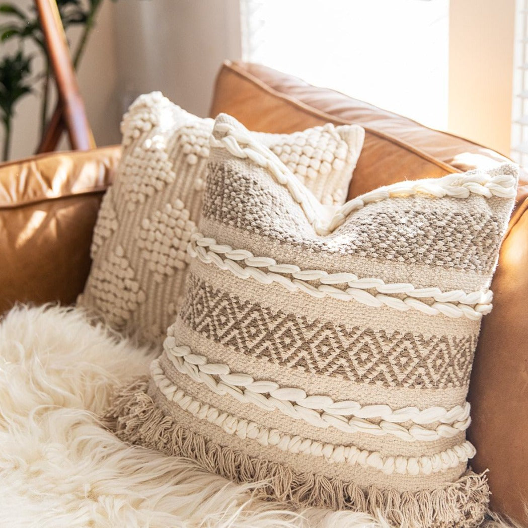 Leheriya Bohemian Throw Pillow - White and Beige Throw Pillow