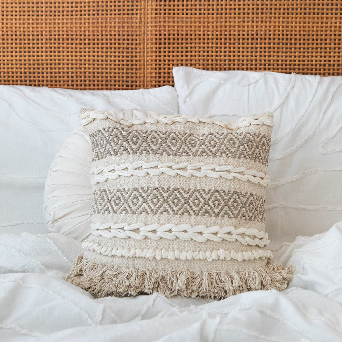 Leheriya Bohemian Throw Pillow - White and Beige Throw Pillow