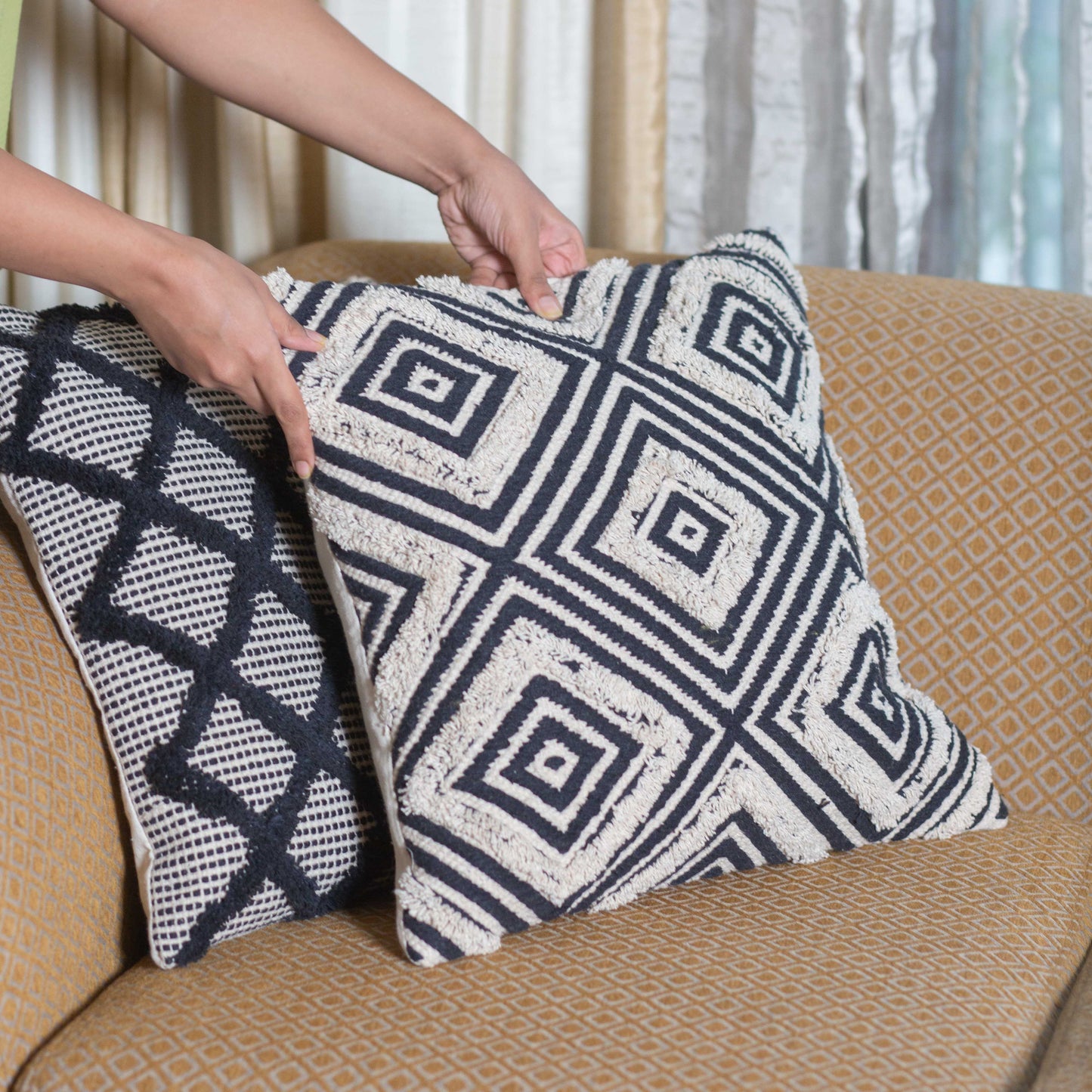 Maya Tufted Black & Beige Throw Pillow