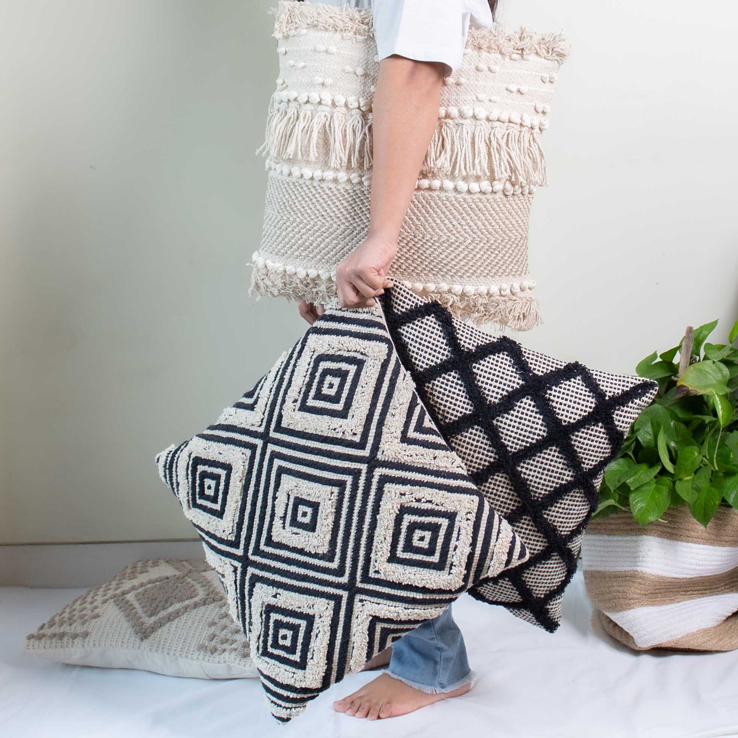 Maya Tufted Black & Beige Throw Pillow