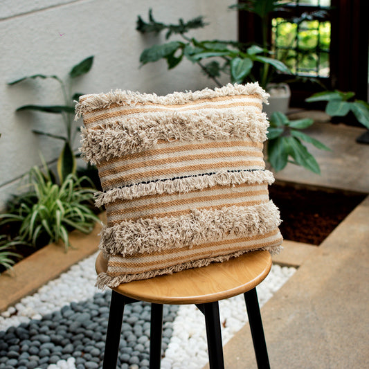 Avicia Bohemian throw pillow with Off White Tassels with Dull Beige Stripes