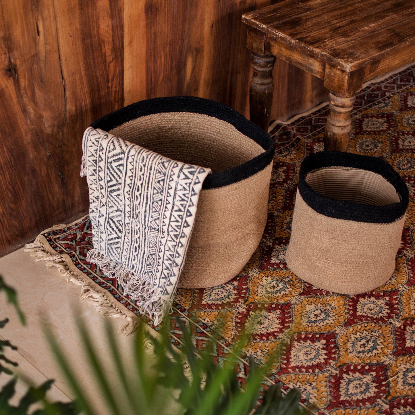 Handwoven oak jute basket for boho chic homes